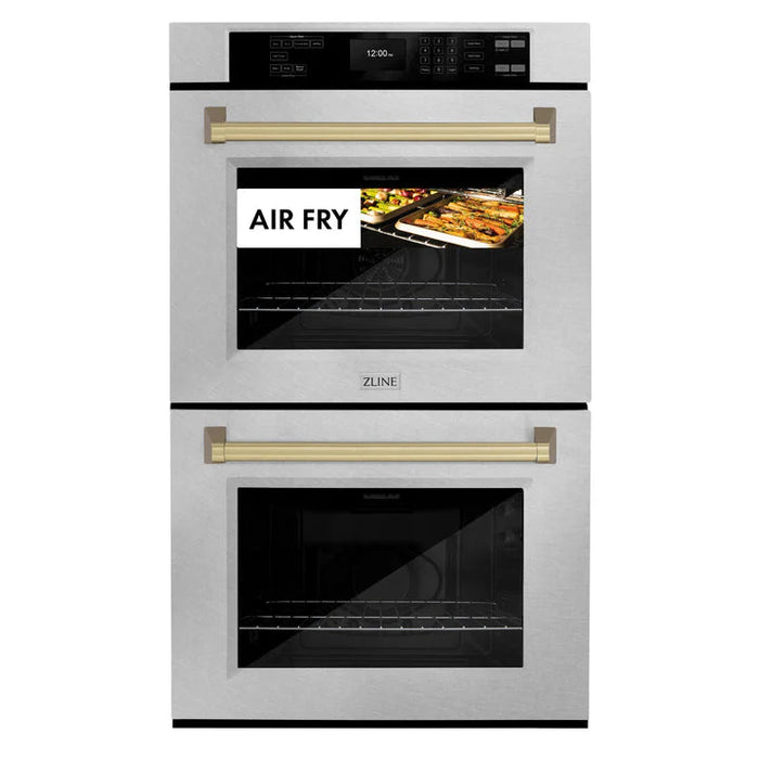 ZLINE 30" Autograph Double Wall Oven with Air Fry and Self-Clean in DuraSnow® Stainless Steel and Champagne Bronze Handle, WADSZ-30-CB