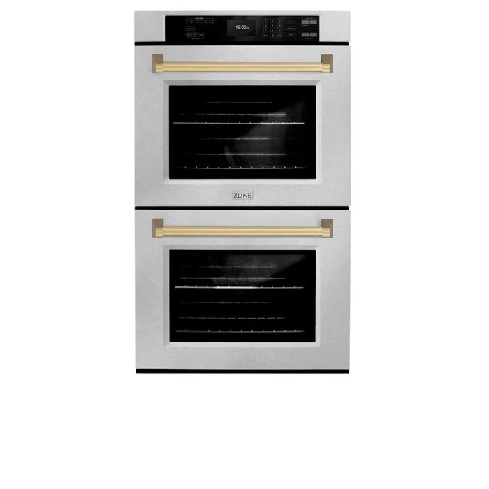 ZLINE 30" Autograph Double Wall Oven with Air Fry and Self-Clean in DuraSnow® Stainless Steel and Champagne Bronze Handle, WADSZ-30-CB