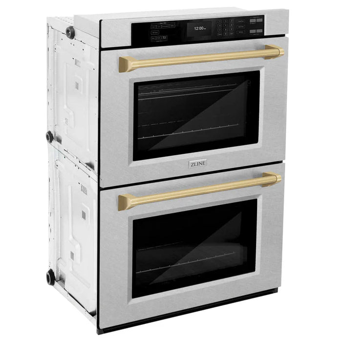 ZLINE 30" Autograph Double Wall Oven with Air Fry and Self-Clean in DuraSnow® Stainless Steel and Champagne Bronze Handle, WADSZ-30-CB