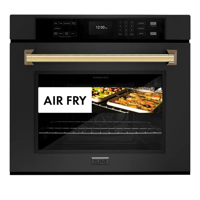 ZLINE 30" Autograph Edition Single Wall Oven with Air Fry and Self-Clean in Black with Gold Handle, WASBZ-30-G