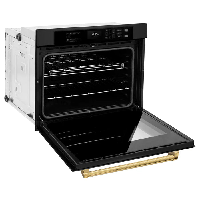 ZLINE 30" Autograph Edition Single Wall Oven with Air Fry and Self-Clean in Black with Gold Handle, WASBZ-30-G