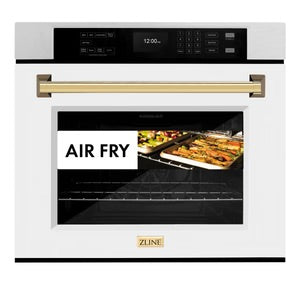 ZLINE 30" Autograph Edition Professional True Convection Single Wall Oven with Air Fry and Self Clean in DuraSnow® Stainless Steel with White Matte Door and Polished Gold Handle, WASSZ-WM-30-G