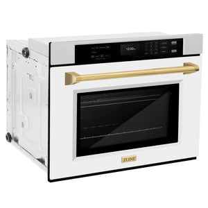 ZLINE 30" Autograph Edition Professional True Convection Single Wall Oven with Air Fry and Self Clean in DuraSnow® Stainless Steel with White Matte Door and Polished Gold Handle, WASSZ-WM-30-G