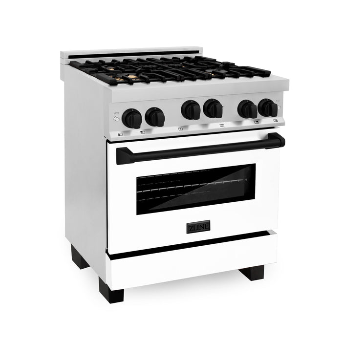 ZLINE 30" Autograph Edition All Gas Range in Stainless Steel with White Matte Door and Matte Black Accents, RGZ-WM-30-MB