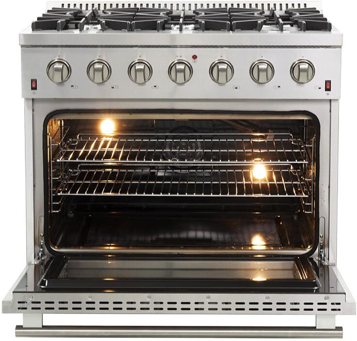 Forno Appliance Package - 36 Inch Gas Range, Wall Mount Range Hood, Microwave Drawer, Dishwasher, AP-FFSGS6244-36-6