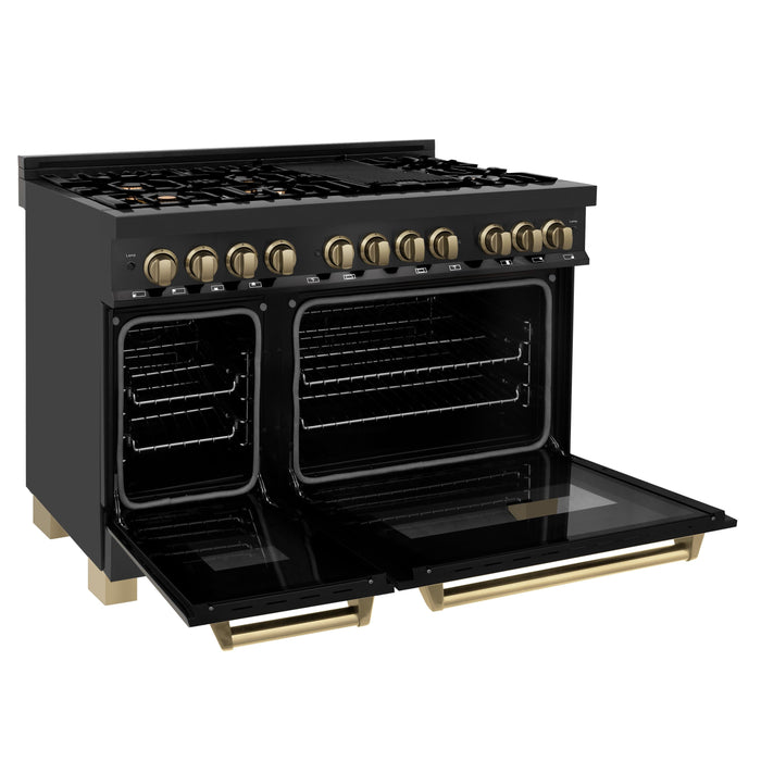 ZLINE 48" Autograph Edition Dual Fuel Range in Black Stainless Steel with Champagne Bronze Accents, RABZ-48-CB