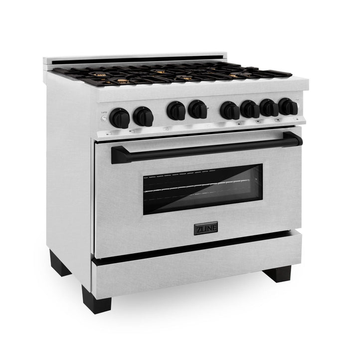 ZLINE 36" Autograph Edition All Gas Range in DuraSnow® Stainless Steel with Matte Black Accents, RGSZ-SN-36-MB