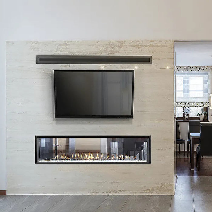 Montigo Distinction 63” fireplace with a clean, minimalist linear profile