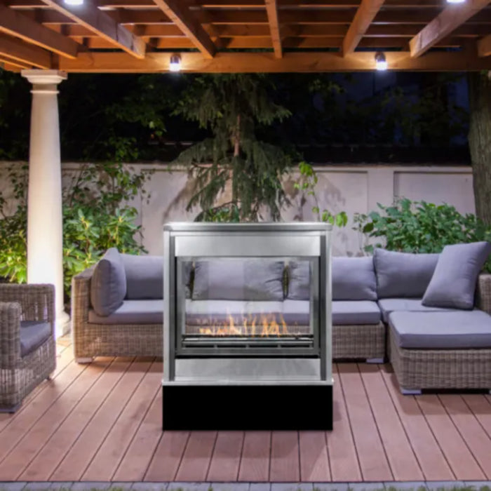 Stylish Montigo Divine 38" see-through ventless fireplace for outdoor sophistication.