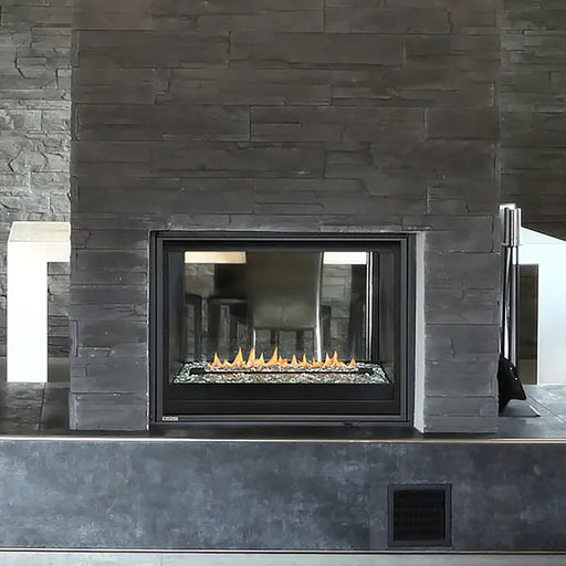 Elegant Montigo Divine 38" Direct Vent Fireplace featuring traditional logset and heritage brick liner.