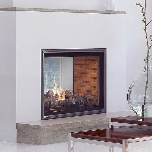 Elegant Montigo Divine 42" Direct Vent Fireplace featuring traditional logset and heritage brick liner.