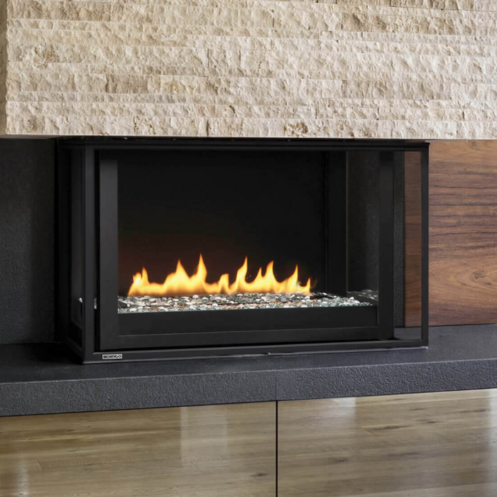 Sleek Montigo Divine Pier 38" gas fireplace with ice fireglass.