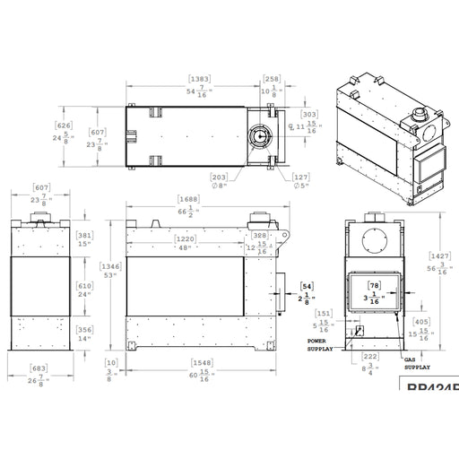 Elegant RP424 gas fireplace, three-sided view and power vented efficiency.