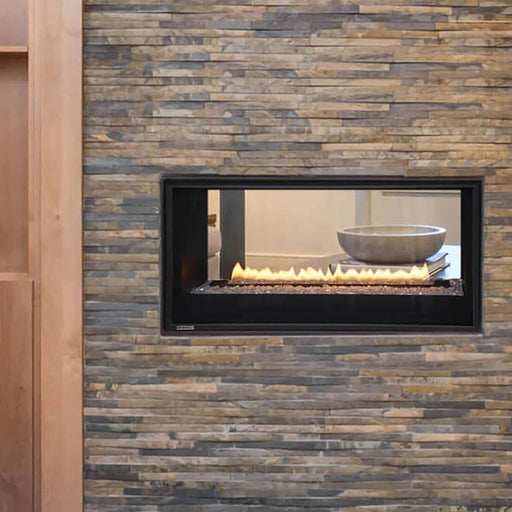 Montigo Phenom 38" fireplace, see-through design with mesmerizing flames visible from two sides.