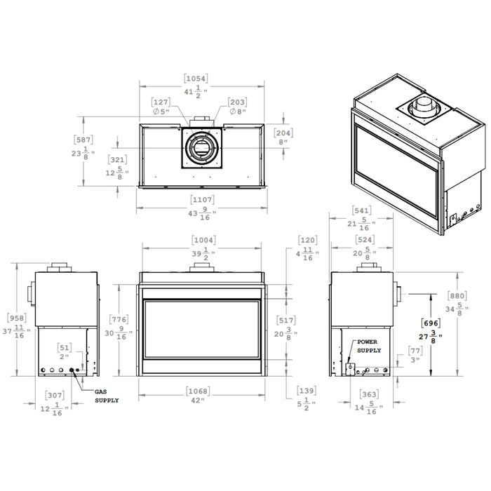 Phenom 42" gas fireplace, elegant full load with even warmth distribution.