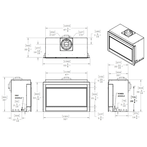 Montigo Phenom 52" fireplace, sleek design with halogen lighting and remote control.