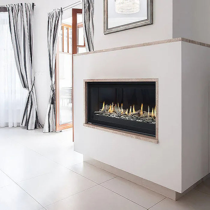 Phenom 52" gas fireplace, contemporary elegance with customizable heat output and remote control.