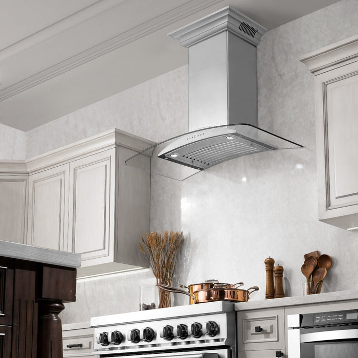 ZLINE 36' Wall Mount Range Hood with Built-in CrownSound Bluetooth Speakers in Stainless Steel & Glass, KNCRN-BT-36