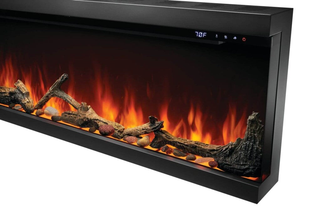 Remote control and app options for Astound fireplace convenience.