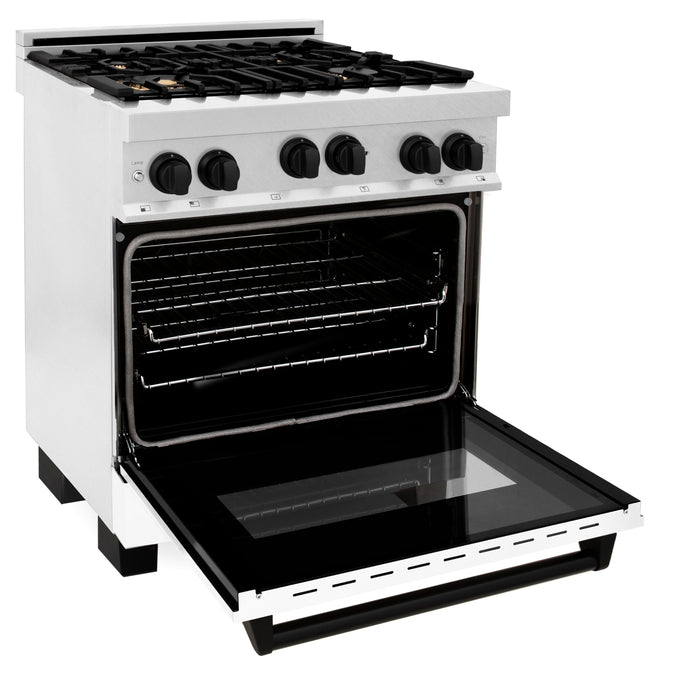 ZLINE 30" Autograph Edition All Gas Range in DuraSnow® Stainless Steel with White Matte Door and Matte Black Accents, RGSZ-WM-30-MB