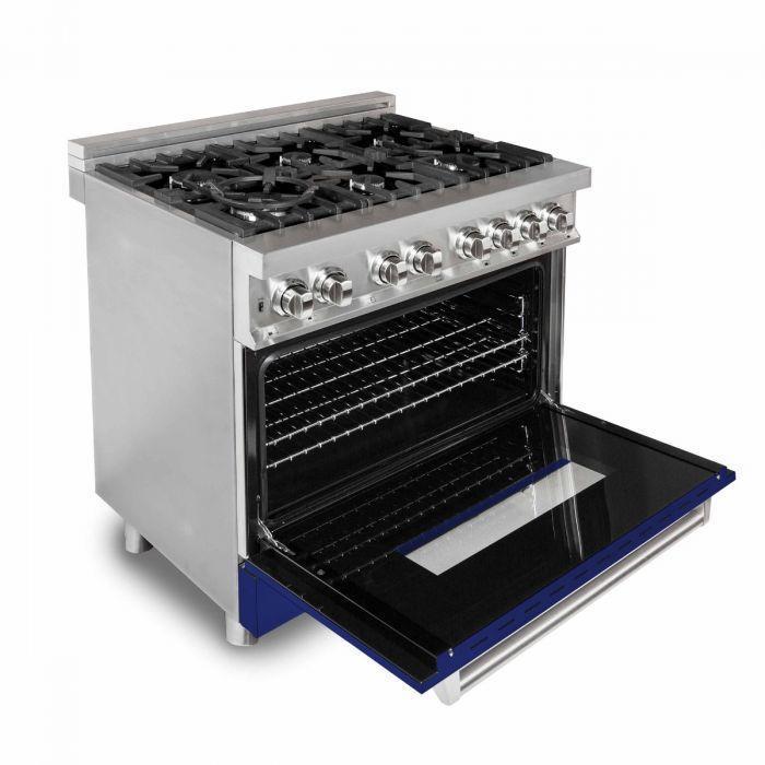 ZLINE 36 in. Dual Fuel Range with Blue Gloss Doors & 36 in. Range Hood Appliance Package, 2KP-RABGRH36