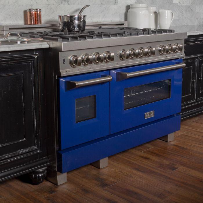 ZLINE 48" Dual Fuel Range in DuraSnow® Stainless with Blue Gloss Door, RAS-BG-48