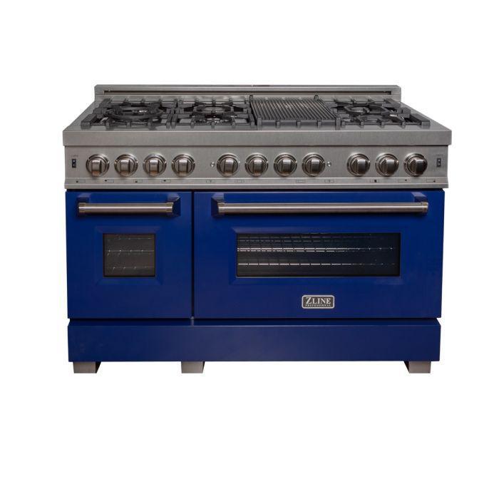 ZLINE 48" Dual Fuel Range in DuraSnow® Stainless with Blue Gloss Door, RAS-BG-48