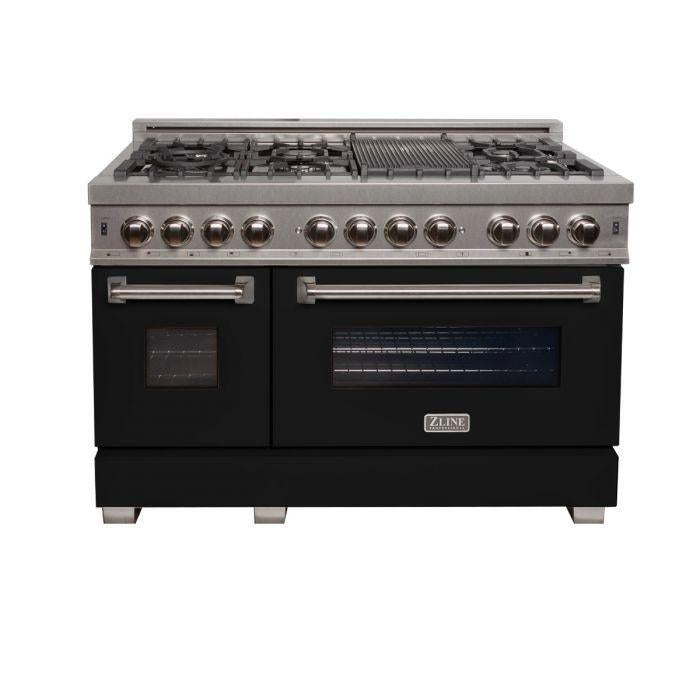 ZLINE 48" Dual Fuel Range in DuraSnow® Stainless with Black Matte Door, RAS-BLM-48