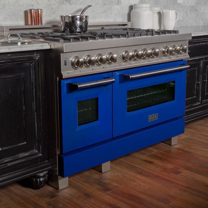 ZLINE 48" Dual Fuel Range in DuraSnow® Stainless Steel with Blue Matte Door, RAS-BM-48