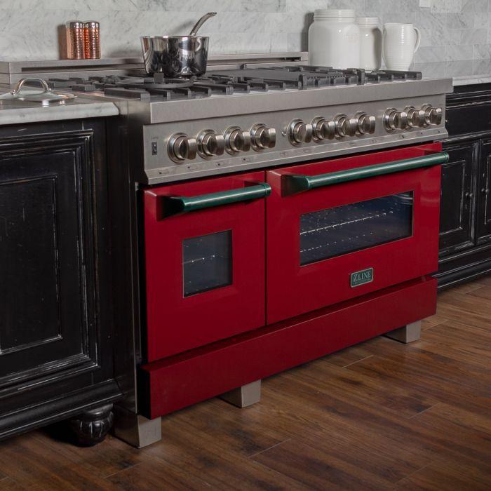 ZLINE 48" Dual Fuel Range in DuraSnow® Stainless Steel with Red Gloss Door, RAS-RG-48