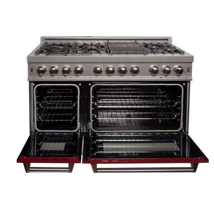 ZLINE 48" Dual Fuel Range in DuraSnow® Stainless Steel with Red Gloss Door, RAS-RG-48