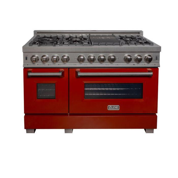 ZLINE 48" Dual Fuel Range in DuraSnow® Stainless Steel with Red Gloss Door, RAS-RG-48