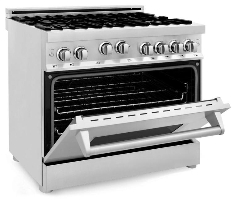 ZLINE Appliance Bundle - 36 in. Gas Range, Range Hood, Microwave Drawer, 3 Rack Dishwasher Package, AB-RG36-5