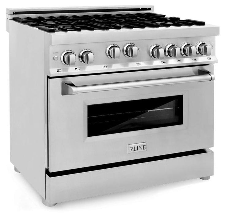 ZLINE Appliance Bundle - 36 in. Gas Range, Range Hood, Microwave Drawer, 3 Rack Dishwasher Package, AB-RG36-5