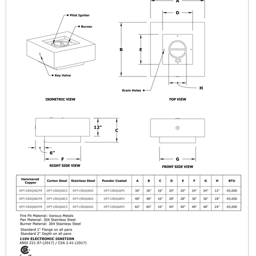 The OutDoor Plus Square Cabo Fire Pit 36" 48" 60" - Corten Steel - OPT-CBSQ36CS