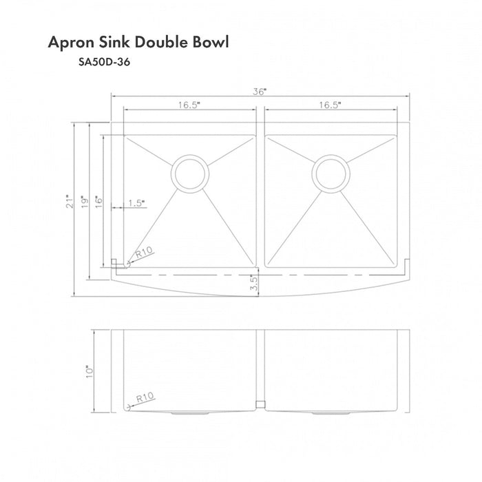 ZLINE 36" Niseko Farmhouse Apron Mount Double Bowl Kitchen Sink in Stainless Steel  with Bottom Grid, SA50D-36