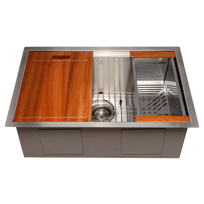 ZLINE 27" Garmisch Undermount Single Bowl Stainless Steel Kitchen Sink with Bottom Grid and Accessories, SLS-27