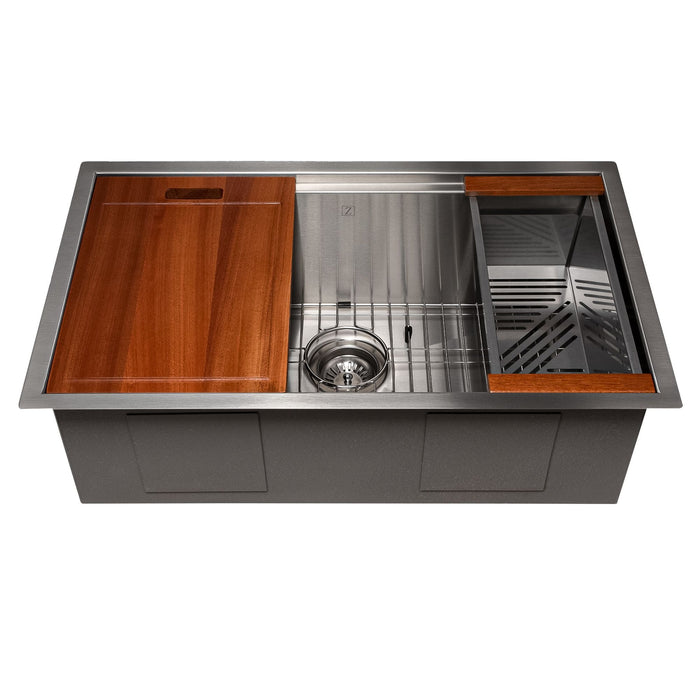 ZLINE 30" Garmisch Undermount Single Bowl Stainless Steel Kitchen Sink with Bottom Grid and Accessories, SLS-30