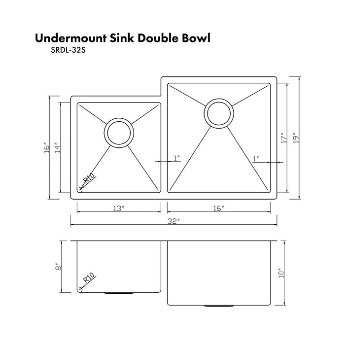 ZLINE 32" Jackson Undermount Double Bowl Kitchen Sink in DuraSnow® Stainless Steel with Bottom Grid, SRDL-32S