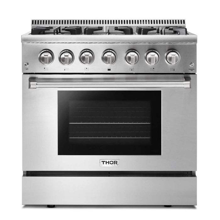 Thor Kitchen Appliance Package - 36 in. Propane Gas Burner/Electric Oven Range, Range Hood, AP-HRD3606ULP