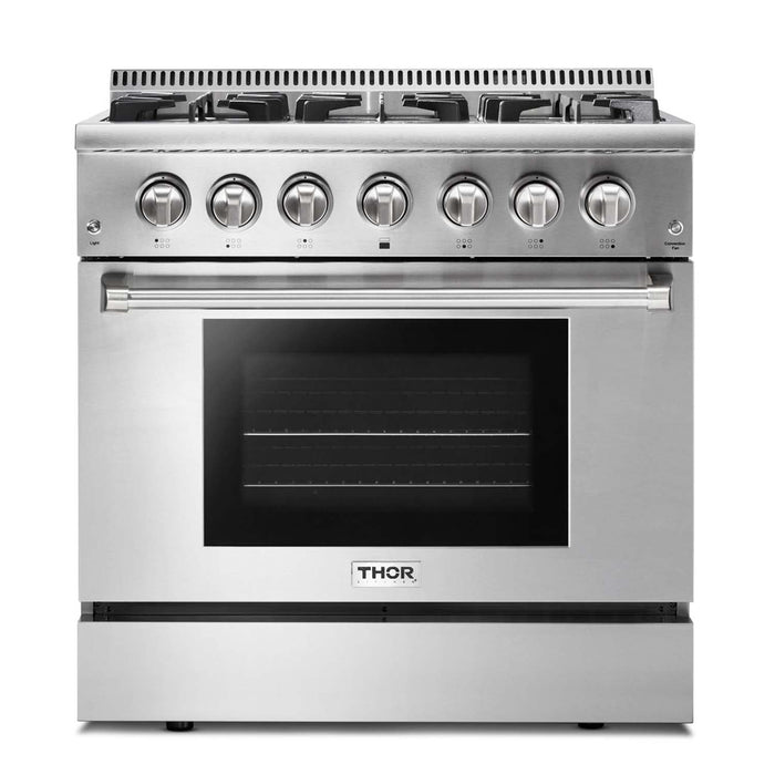 Thor Kitchen Appliance Set - 36 In. Gas Burner/Electric Oven Range, Range Hood, Dishwasher. Refrigerator with Water and Ice Dispenser, AS-HRD3606U-10