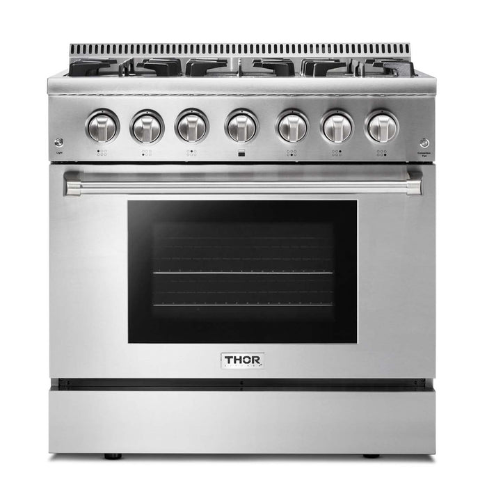 Thor Kitchen Appliance Package - 36 in. Propane Gas Burner/Electric Oven Range, Range Hood, Microwave Drawer, Refrigerator with Water and Ice Dispenser, Dishwasher, Wine Cooler, AP-HRD3606ULP-14