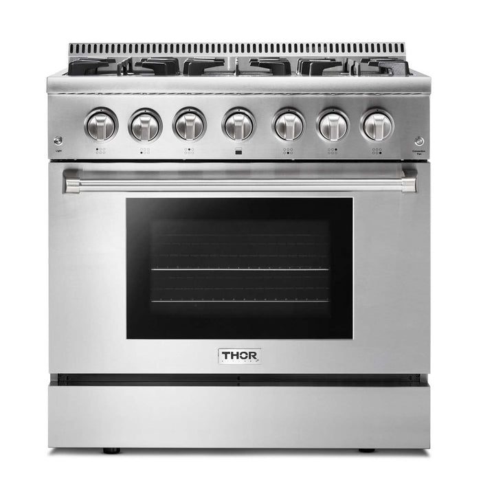 Thor Kitchen Appliance Set - 36 in. Propane Gas Burner/Electric Oven Range, Range Hood, Microwave Drawer, Refrigerator with Water and Ice Dispenser, Dishwasher, Wine Cooler, AS-HRD3606ULP-14