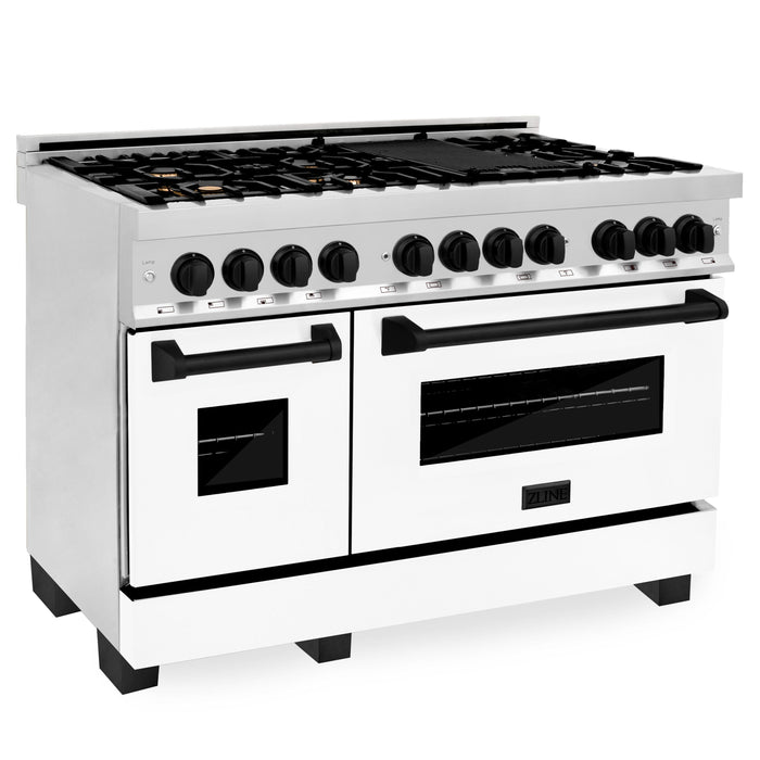 ZLINE 48" Autograph Edition Dual Fuel Range in Stainless Steel with White Matte Doors and Matte Black Accents, RAZ-WM-48-MB