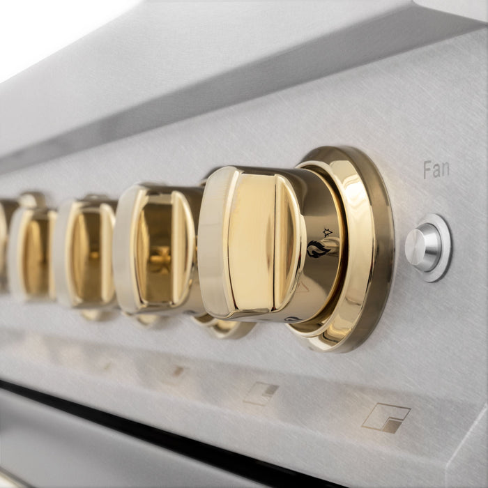 ZLINE 36" Autograph Edition All Gas Range in DuraSnow® Stainless Steel with Gold Accents, RGSZ-SN-36-G