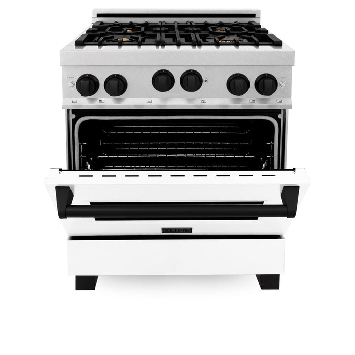 ZLINE 30" Autograph Edition All Gas Range in DuraSnow® Stainless Steel with White Matte Door and Matte Black Accents, RGSZ-WM-30-MB