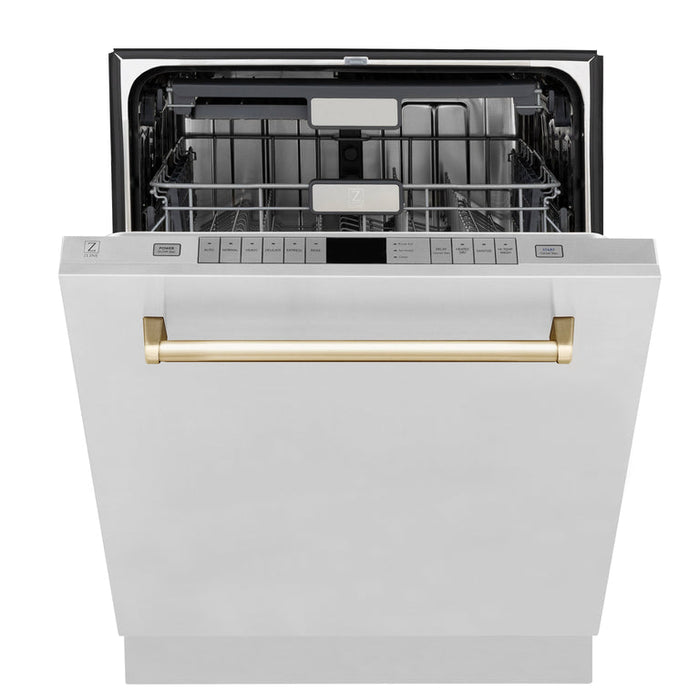 ZLINE Autograph Package - 48 In. Dual Fuel Range, Range Hood, Refrigerator, and Dishwasher in Stainless Steel with Gold Accents, 4KAPR-RARHDWM48-G