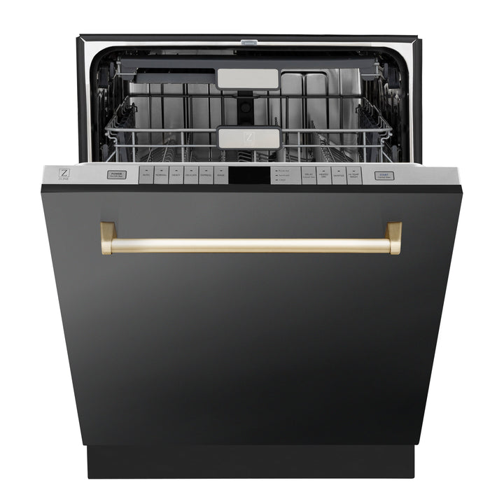 ZLINE 24" Autograph Edition Top Control Dishwasher in Black Stainless Steel with Gold Handle, DWMTZ-BS-24-G