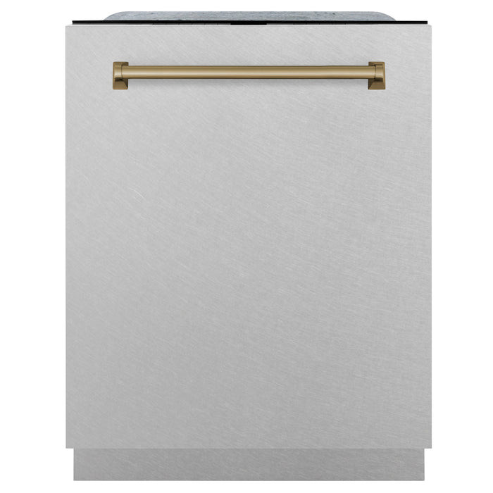 ZLINE 24" Autograph Edition Tallac Dishwasher in DuraSnow® Stainless Steel with Champagne Bronze Handle, DWMTZ-SN-24-CB
