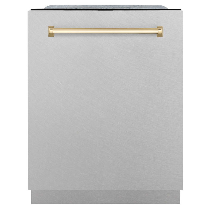 ZLINE 24" Autograph Edition Tallac Dishwasher in DuraSnow® Stainless Steel with Gold Handle, DWMTZ-SN-24-G